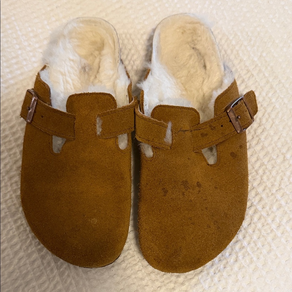 Birkenstock Brown Suede Clogs with White Fleece